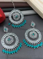 Sky Blue Stone Earrings With Maang Tikka